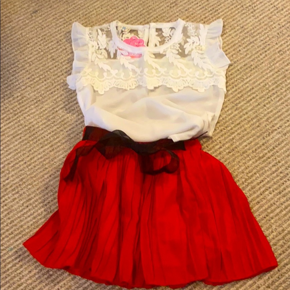 NWT White top and red chiffon skirt set